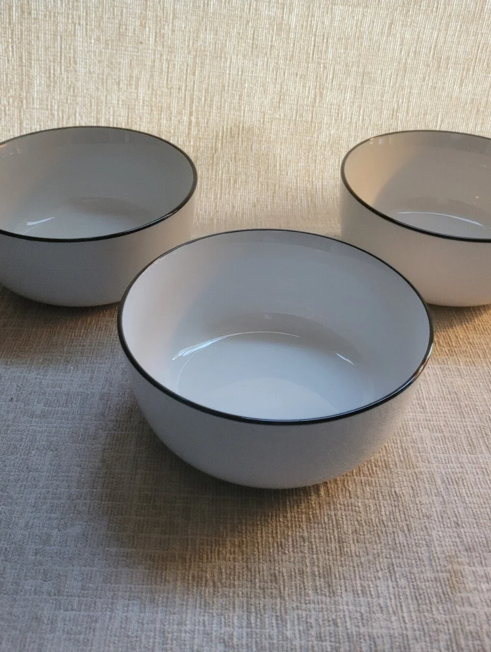 Sur La Table White Ceramic Bowls with Black Trim - Set of 3. Excellent